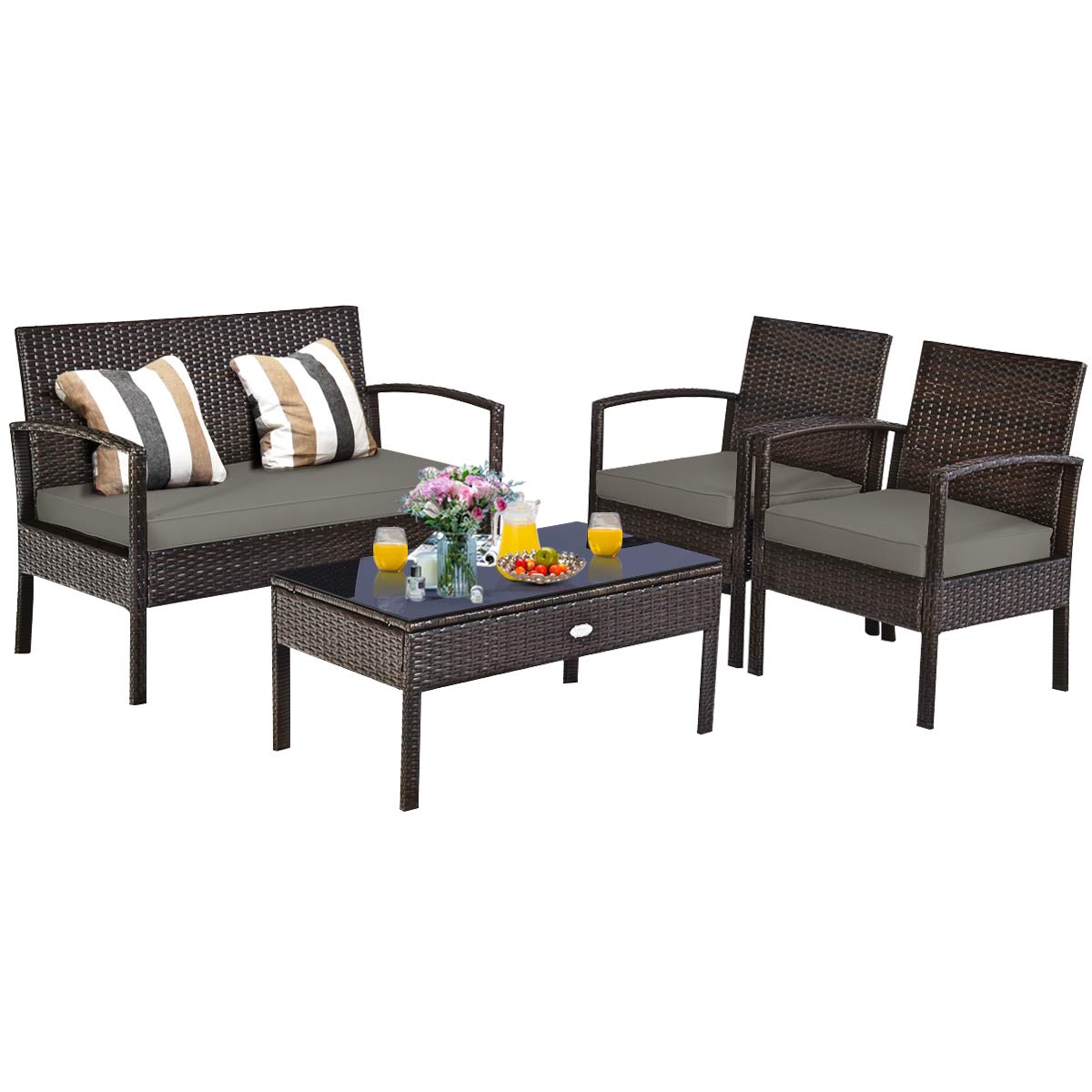 Ensemble de mobilier de conversation Tangkula en osier pour terrasse, ensemble de chaises et table d'extérieur en rotin